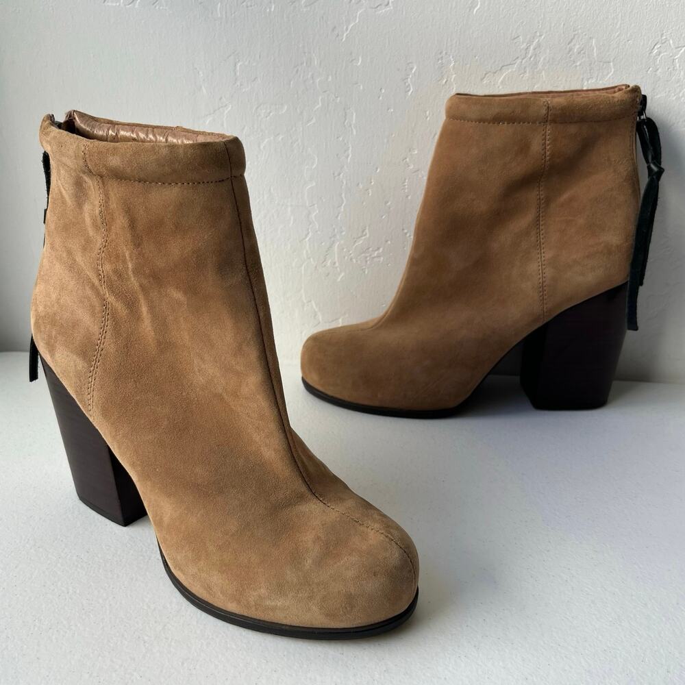 Jeffrey Campbell Rumble Leather Ankle Boots Tan Size 9.5 Zip Block Heel Neutral